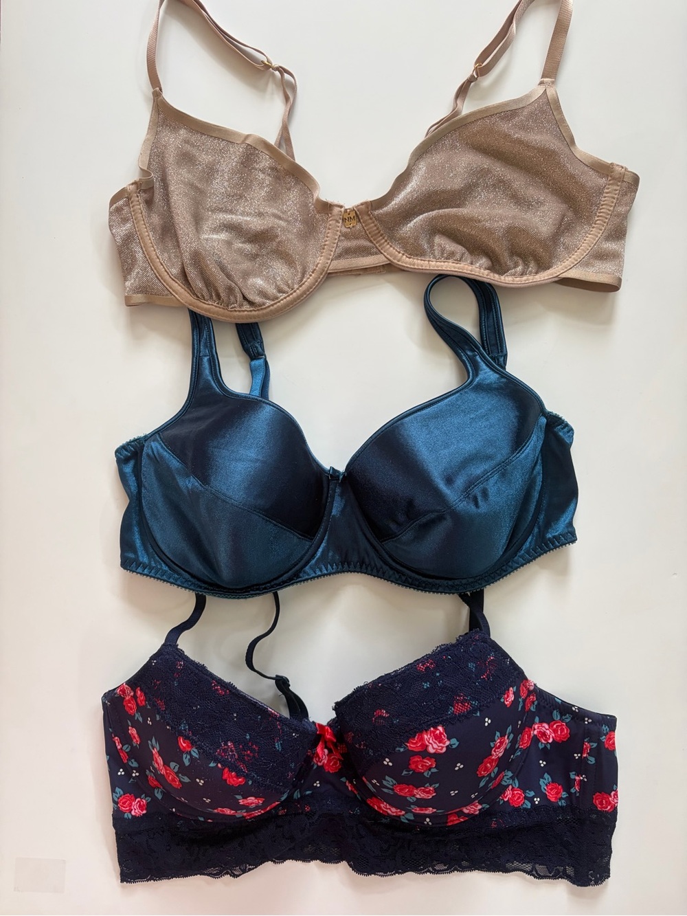 3 pack bundle value Beige, Teal, and Floral Lace Underwire Bras size 38C